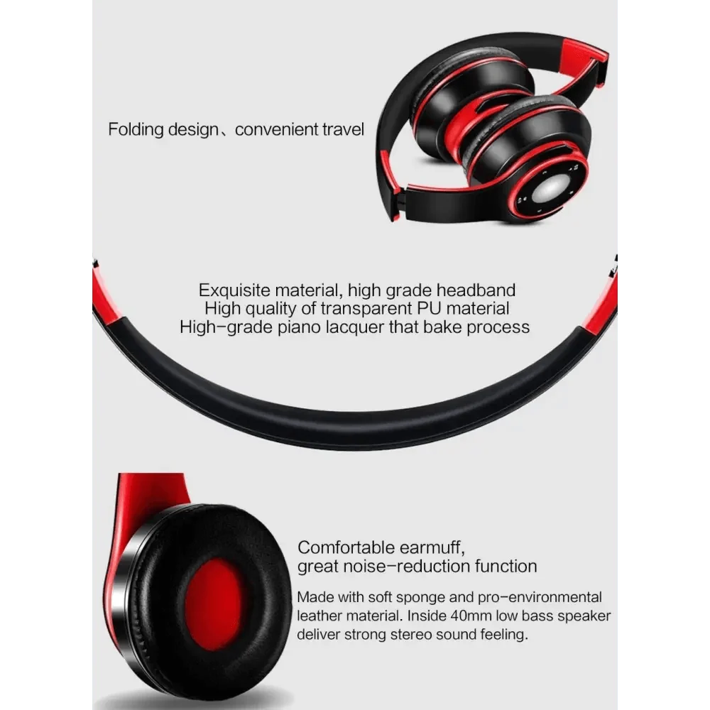 Stevvex over-ear wireless headset black with red accents, foldable, cushioned ear pads on Tampa Home & Garden Store