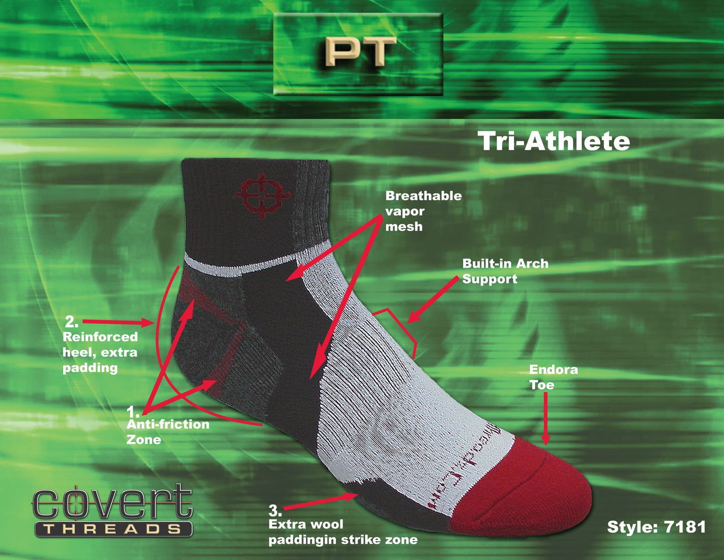Tri-Athlete Merino Wool Sock by Covert Threads with breathable vapor mesh and arch support on Tampa Home & Garden Store