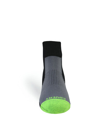 Tri-Athlete Merino Wool athletic sock by Covert Threads in gray with black cuff and neon green toe on Tampa Home & Garden Store