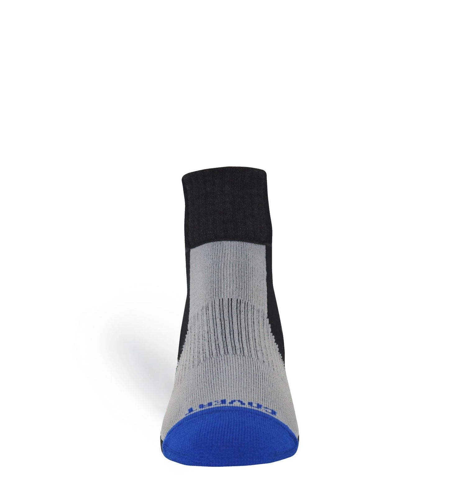 Tri-Athlete Merino Wool Athletic Socks by Covert Threads, black cuff with gray body and blue toe on Tampa Home & Garden Store