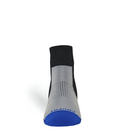 Tri-Athlete Merino Wool Athletic Socks by Covert Threads, black cuff with gray body and blue toe on Tampa Home & Garden Store