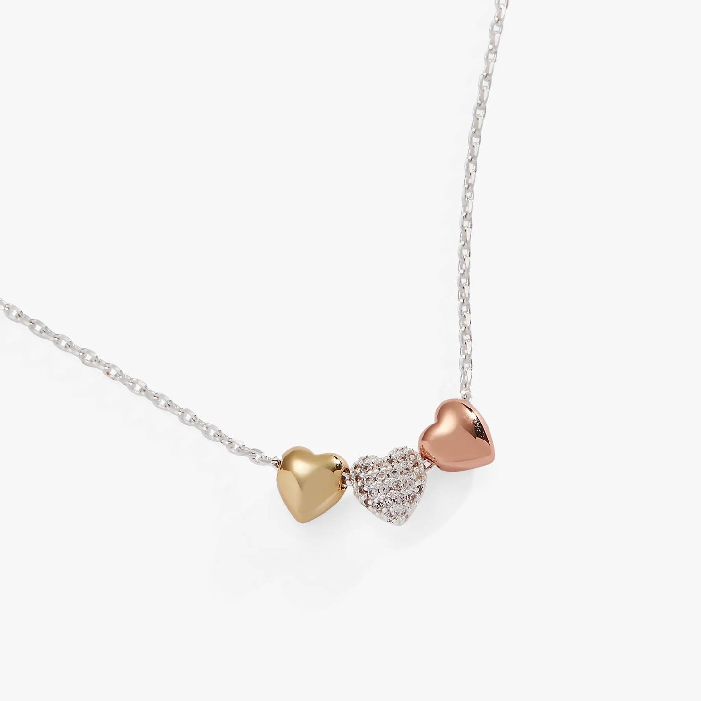 Three Heart Slider Necklace with Crystals