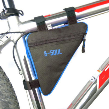 Triangle bike frame bag mounted on road bike top tube, black fabric with blue trim, zipper pocket, Velcro straps on Tampa Home & Garden Store