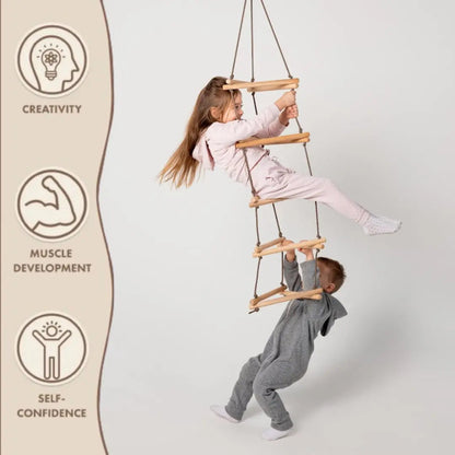 Goodevas triangle ladder kid swing with wooden rungs two kids riding on Tampa Home & Garden Store