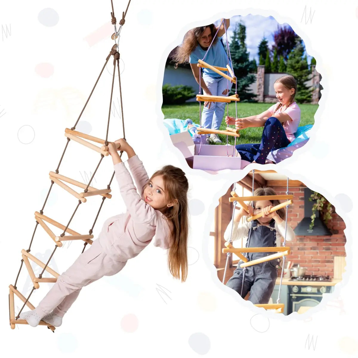 Triangle rope ladder for kids single swing by Goodevas with wooden rungs and brown cords on Tampa Home & Garden Store