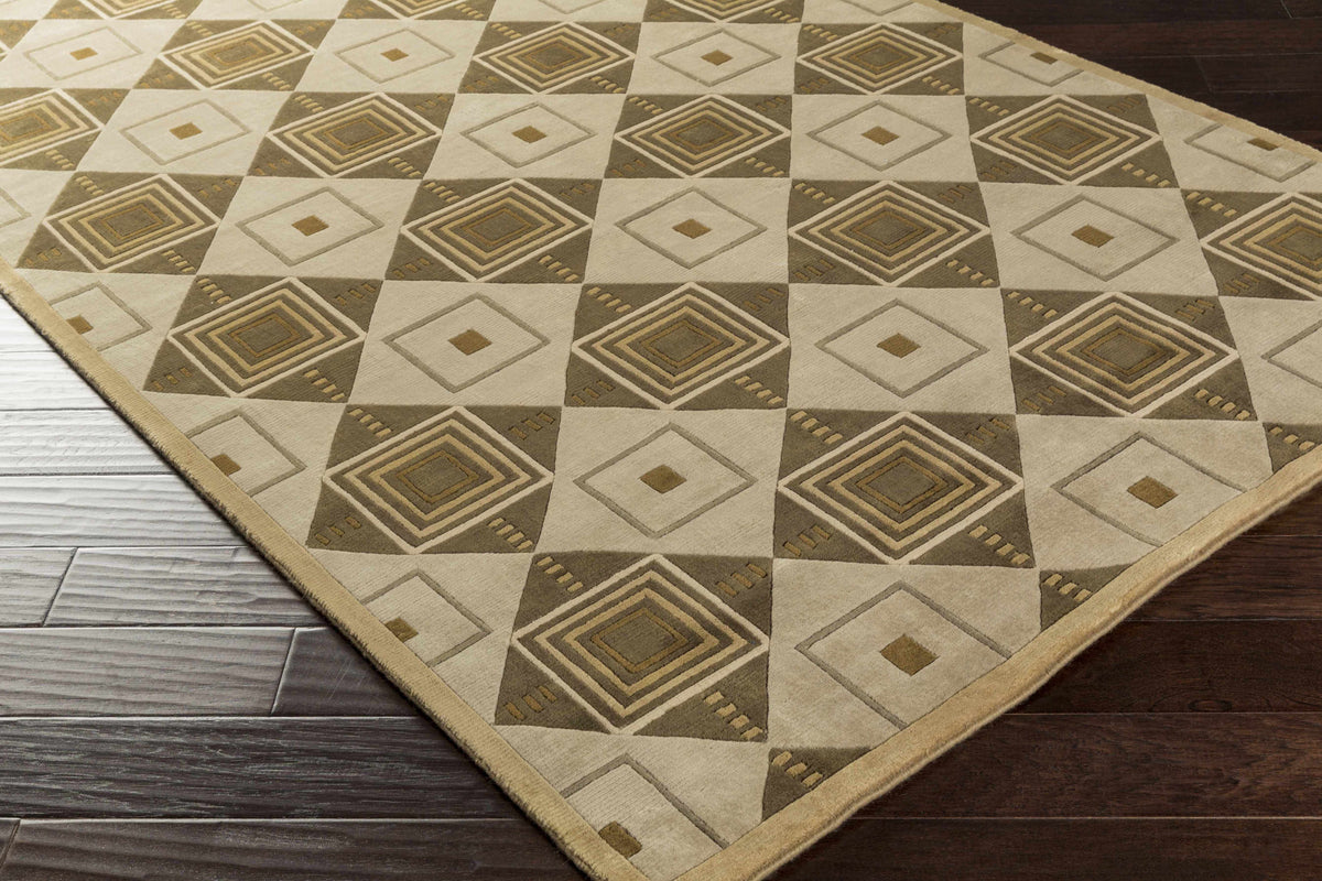 Tribune Premium Wool Area Rug by Boutique Rugs in beige taupe geometric diamond pattern on Tampa Home & Garden Store