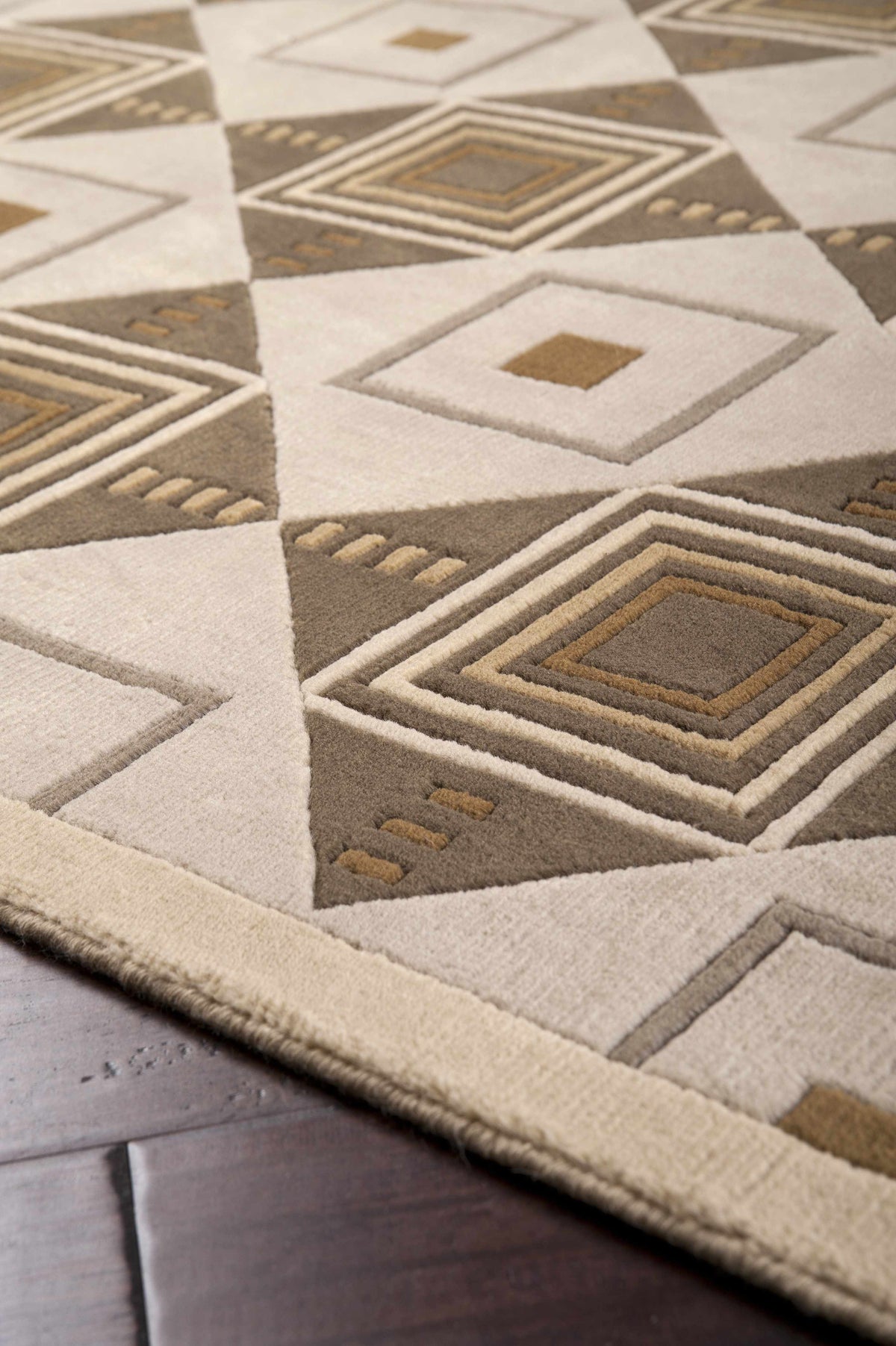 Tribune Premium Wool Area Rug with cream, taupe and beige geometric squares, textured wool pile on Tampa Home & Garden Store