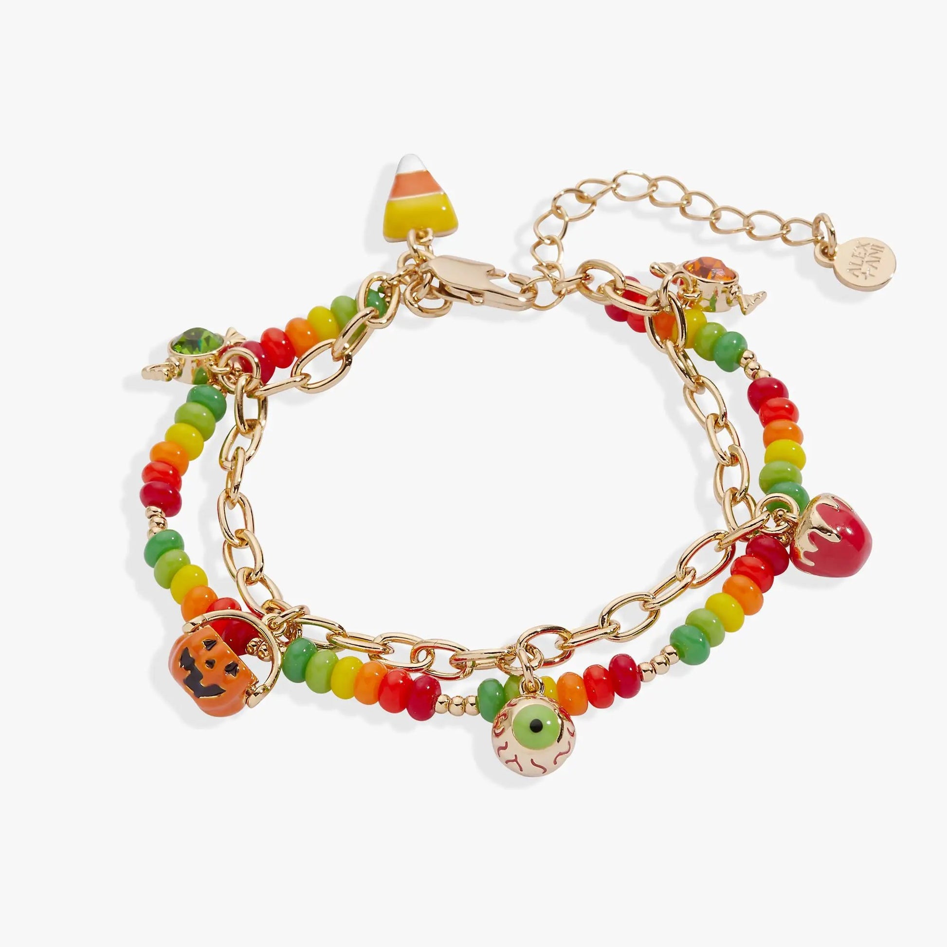 Trick or Treat bracelet by Alex and Ani with candy corn and pumpkin charms on gold-tone chain on Tampa Home & Garden Store