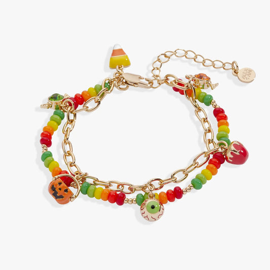 Trick or Treat bracelet by Alex and Ani with candy corn and pumpkin charms on gold-tone chain on Tampa Home & Garden Store
