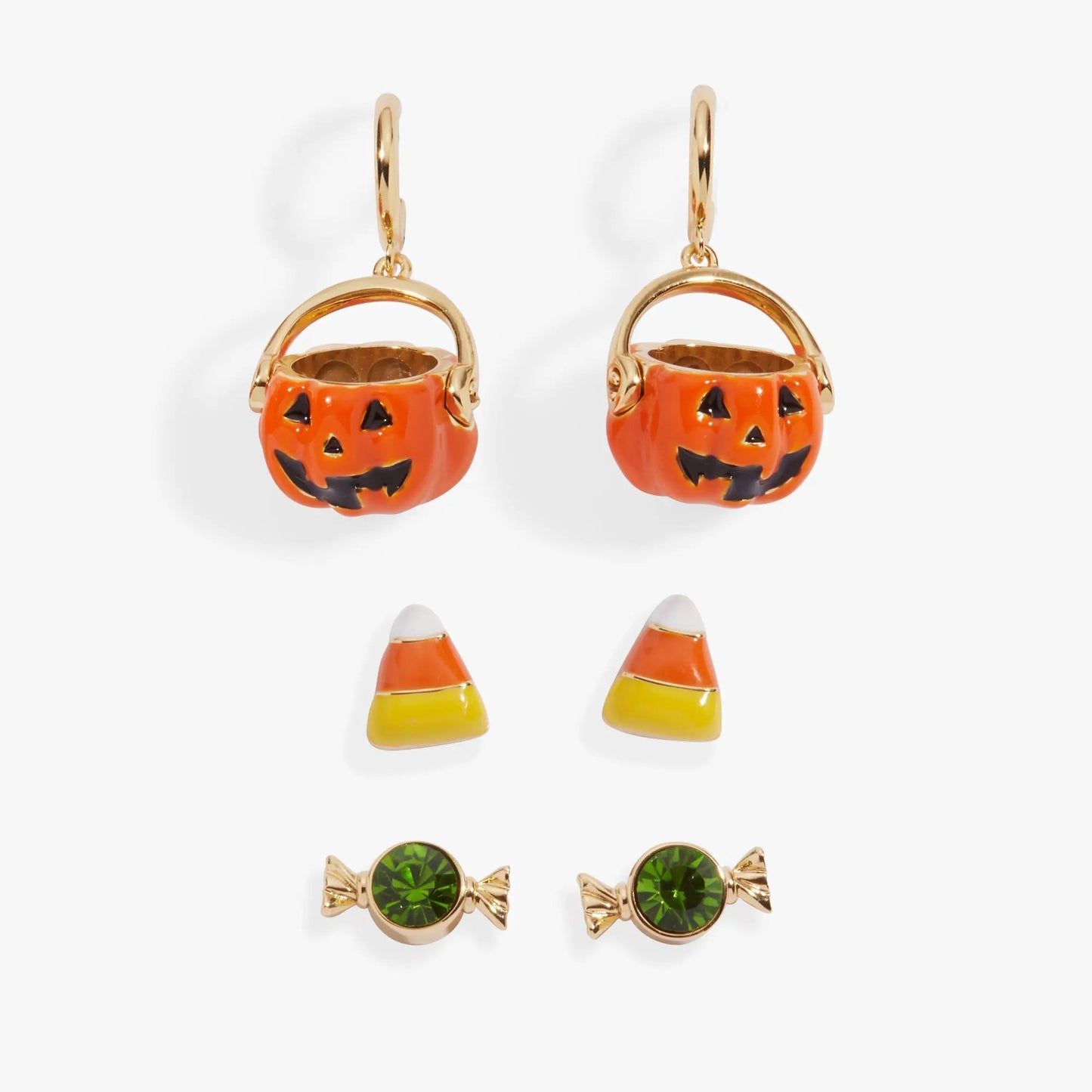 Trick or Treat earrings set of 3 pumpkins, candy corn, green gem accents by Alex and Ani on Tampa Home & Garden Store