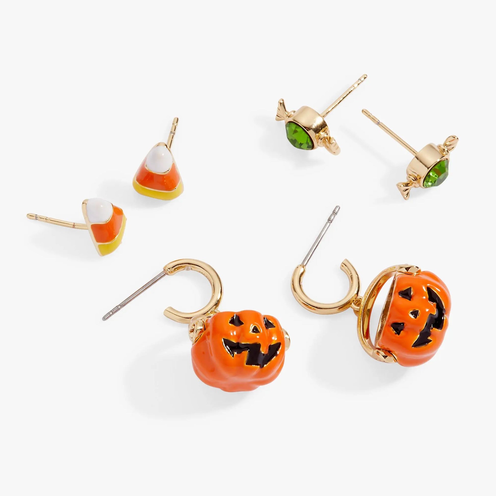 Trick or Treat Earring Set of 3: candy corn, green gemstone studs, pumpkin charms on Tampa Home & Garden Store