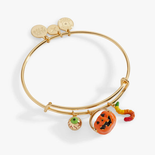 Trick or Treat Multi Charm Bangle with pumpkin charm on gold-tone ALEX AND ANI bracelet on Tampa Home & Garden Store