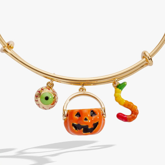 Trick or Treat multi charm bangle by ALEX AND ANI in gold-tone with three charms pumpkin eyeball on Tampa Home & Garden Store