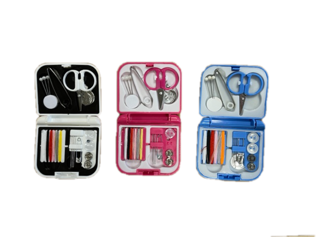 Three River Country Gear sewing kits in black, pink, blue cases with scissors, thread, buttons on Tampa Home & Garden Store