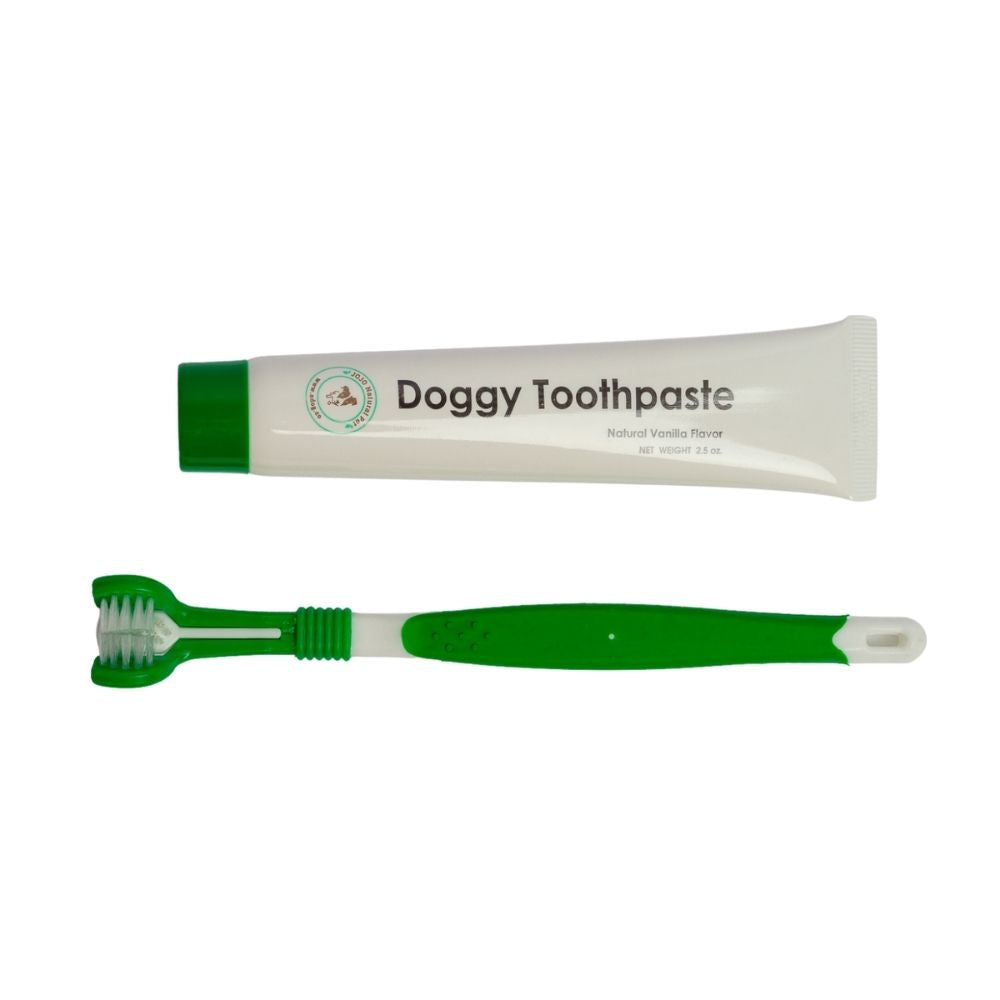 Cepillo de dientes de tres cabezales para perros con pasta de dientes totalmente natural (2 piezas)