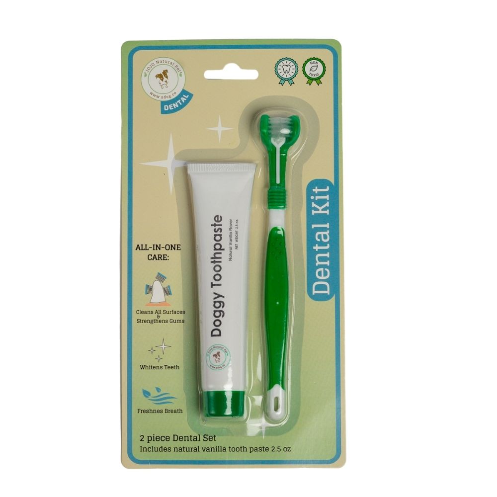 Cepillo de dientes de tres cabezales para perros con pasta de dientes totalmente natural (2 piezas)