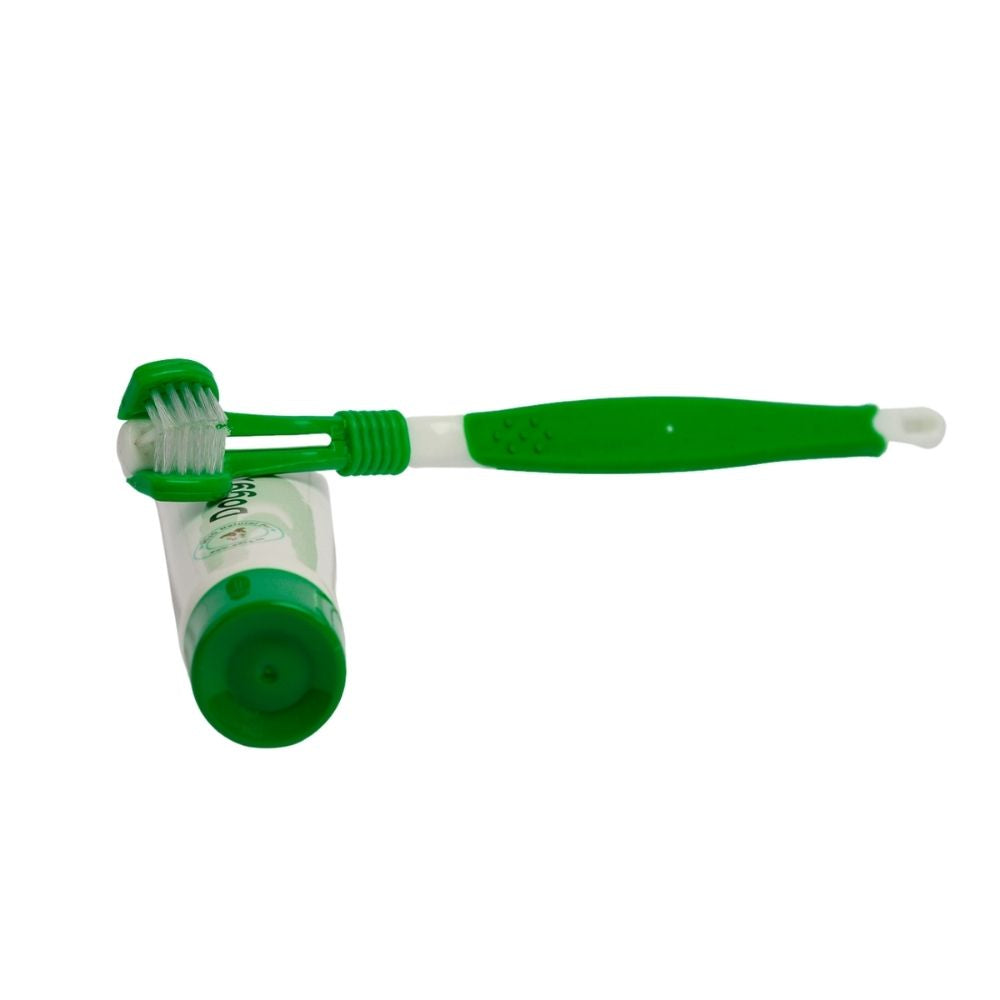 Cepillo de dientes de tres cabezales para perros con pasta de dientes totalmente natural (2 piezas)