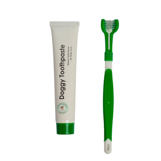 Cepillo de dientes de tres cabezales para perros con pasta de dientes totalmente natural (2 piezas)