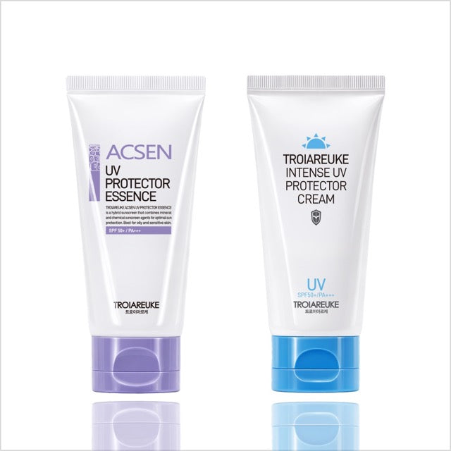 Troiareuke UV sunscreen duo: Essence lavender-cap and Cream blue-cap in white tubes on Tampa Home & Garden Store
