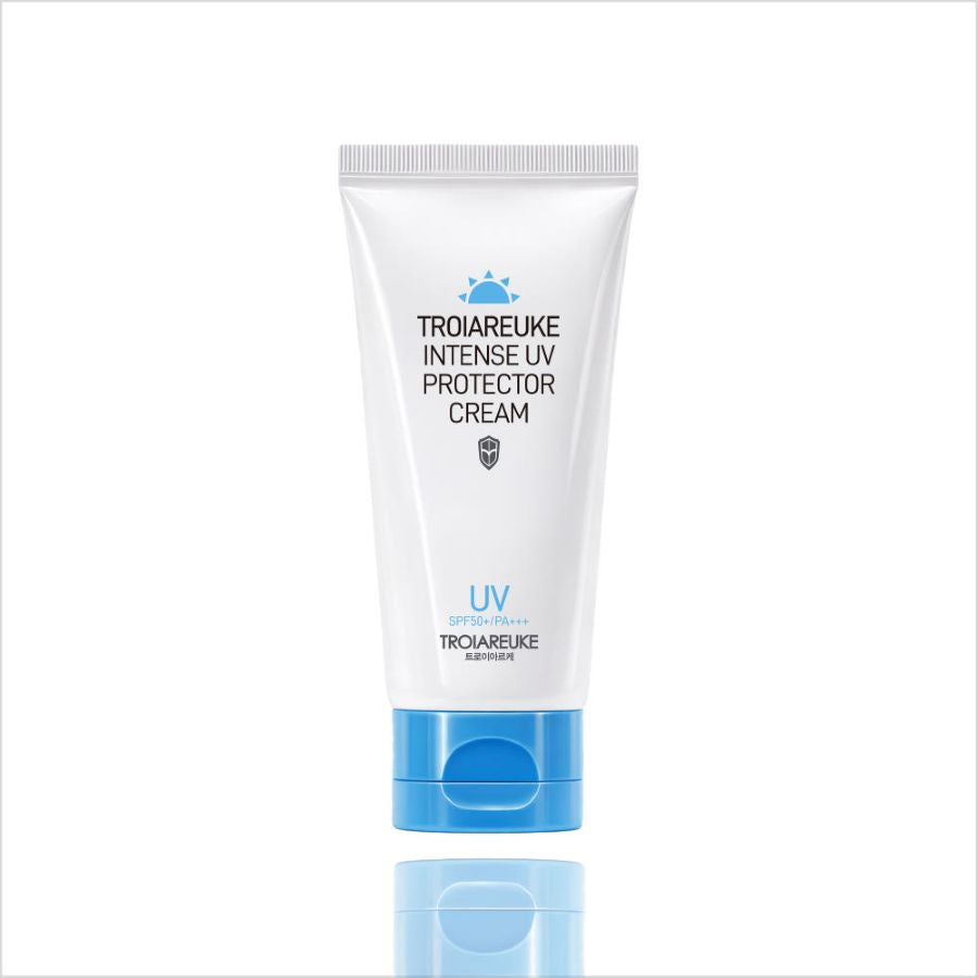 TROIAREUKE UV Protector Cream SPF50+ PA+++ sunscreen in white tube with blue cap on Tampa Home & Garden Store