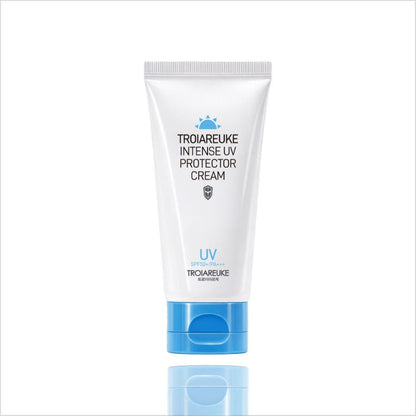 TROIAREUKE UV Protector Cream SPF50+ PA+++ sunscreen in white tube with blue cap on Tampa Home & Garden Store