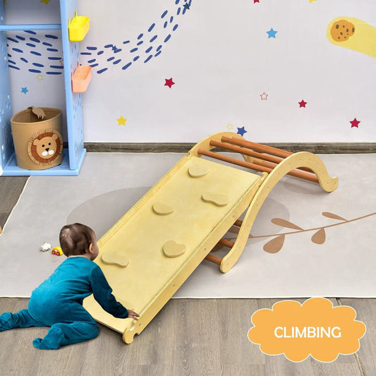 3-in-1 Wooden Arch Climber Set by DirectDeals, yellow ramp with brown rungs in a kids' playroom on Tampa Home & Garden Store