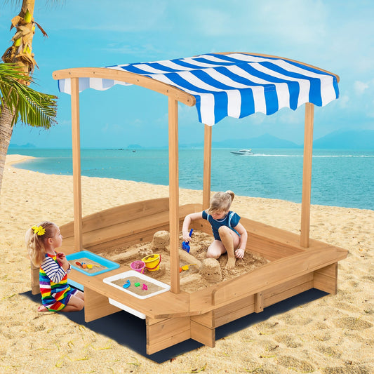 Kids Wooden Sandbox with Striped Canopy - Tampa Home & Garden Store