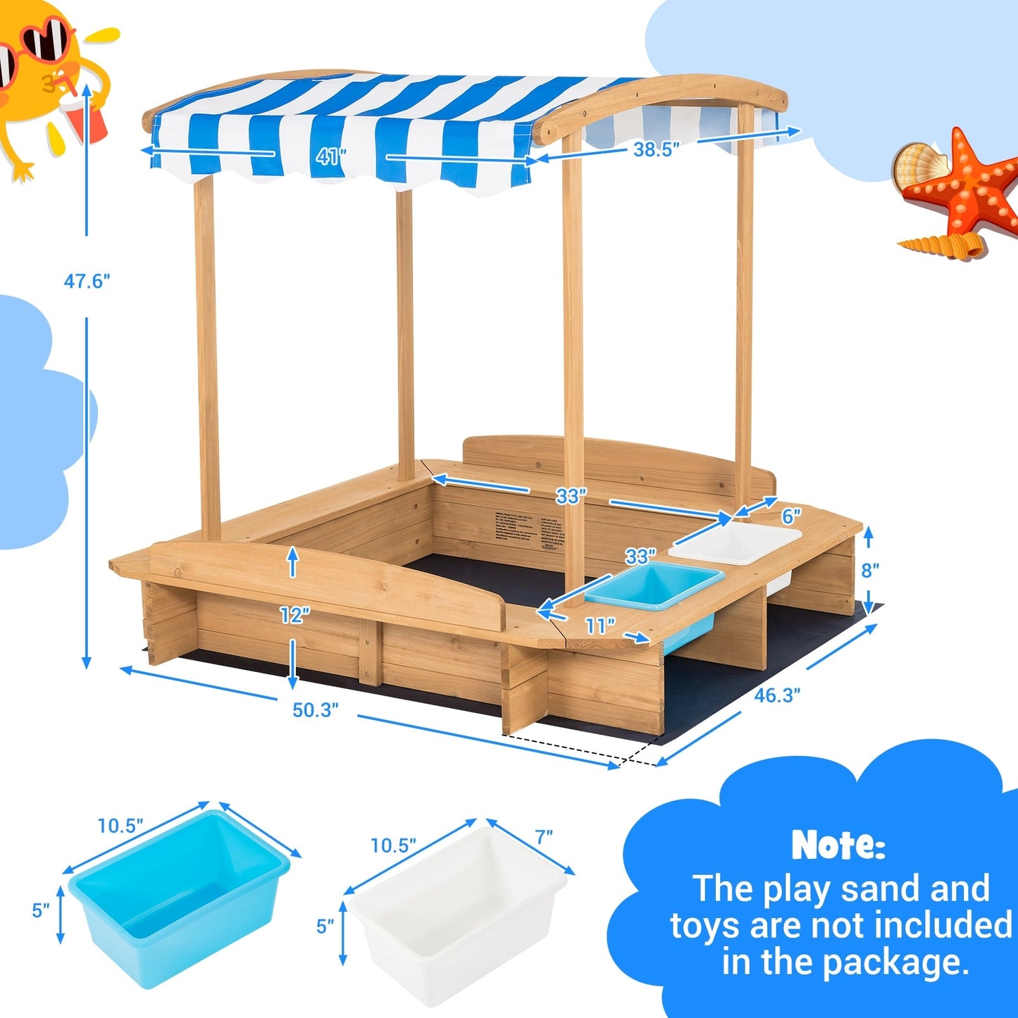 Kids Wooden Sandbox with Striped Canopy