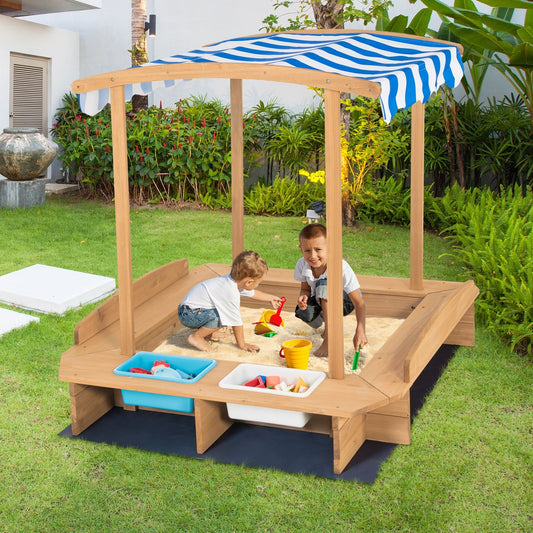 Kids Wooden Sandbox with Striped Canopy - Tampa Home & Garden Store