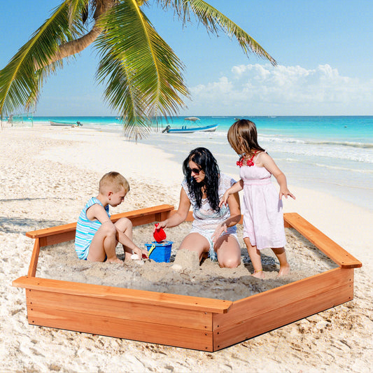 Hexagon Wooden Cedar Sand Box with Seat Boards - Tampa Home & Garden Store