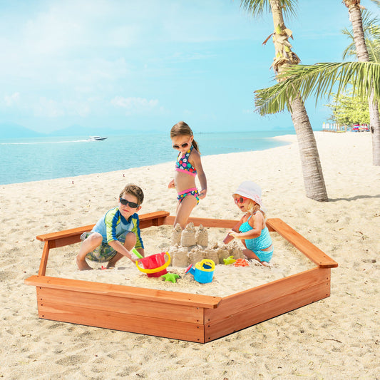 Hexagon Wooden Cedar Sand Box with Seat Boards - Tampa Home & Garden Store