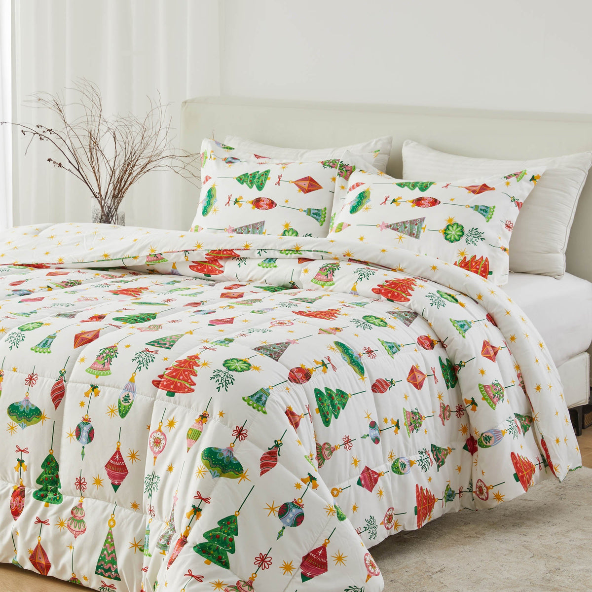 Reversible Christmas Comforter and Sham Set, Odette Collection, with holiday trees, 2 shams on Tampa Home & Garden Store