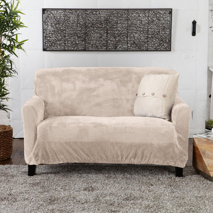 Velvet Stretch Slipcover Gale Collection beige sofa slipcover with dark wooden legs on Tampa Home & Garden Store