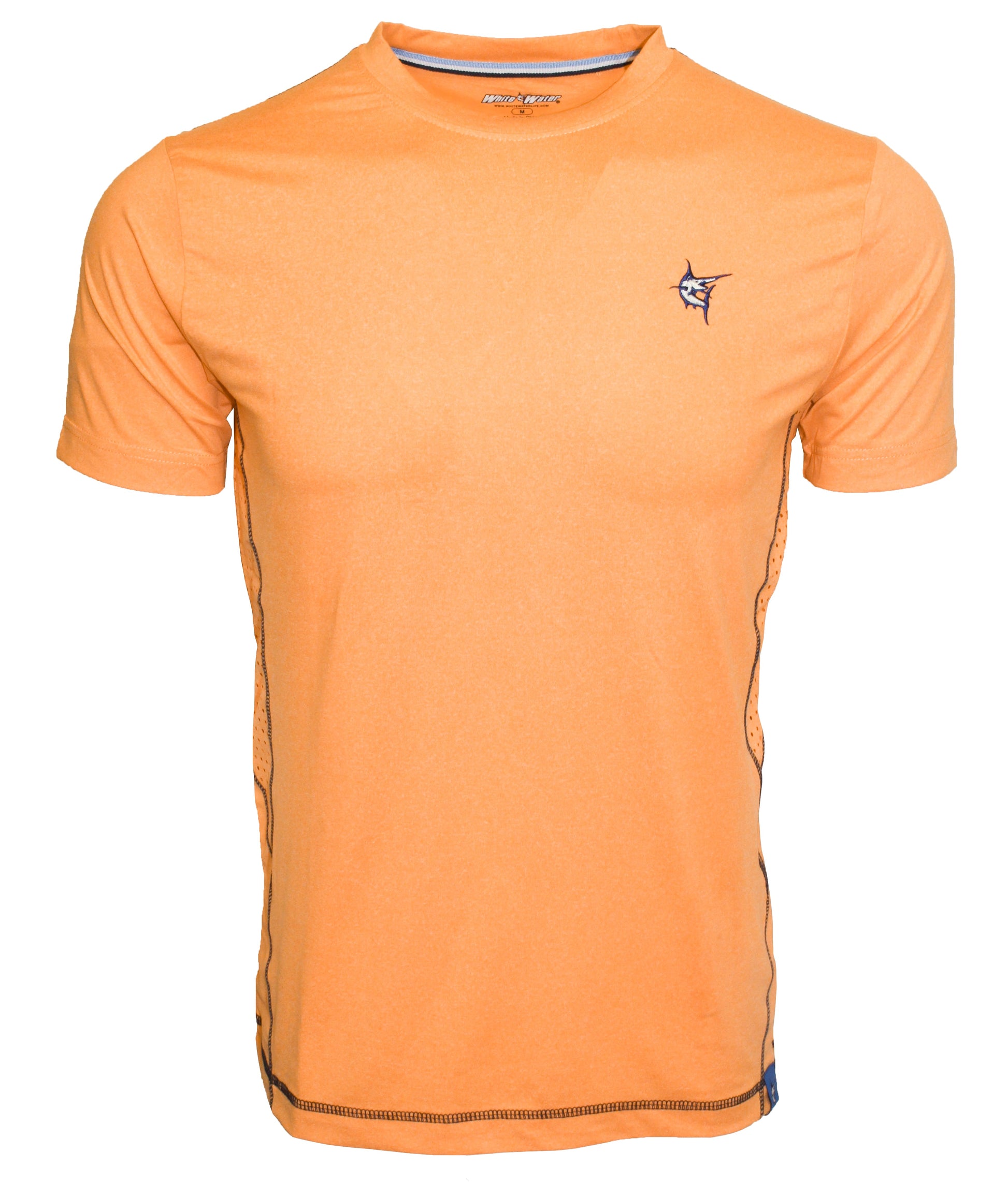 Grander Short Sleeve Performance Tee by White Water Life in orange with navy logo on chest on Tampa Home & Garden Store