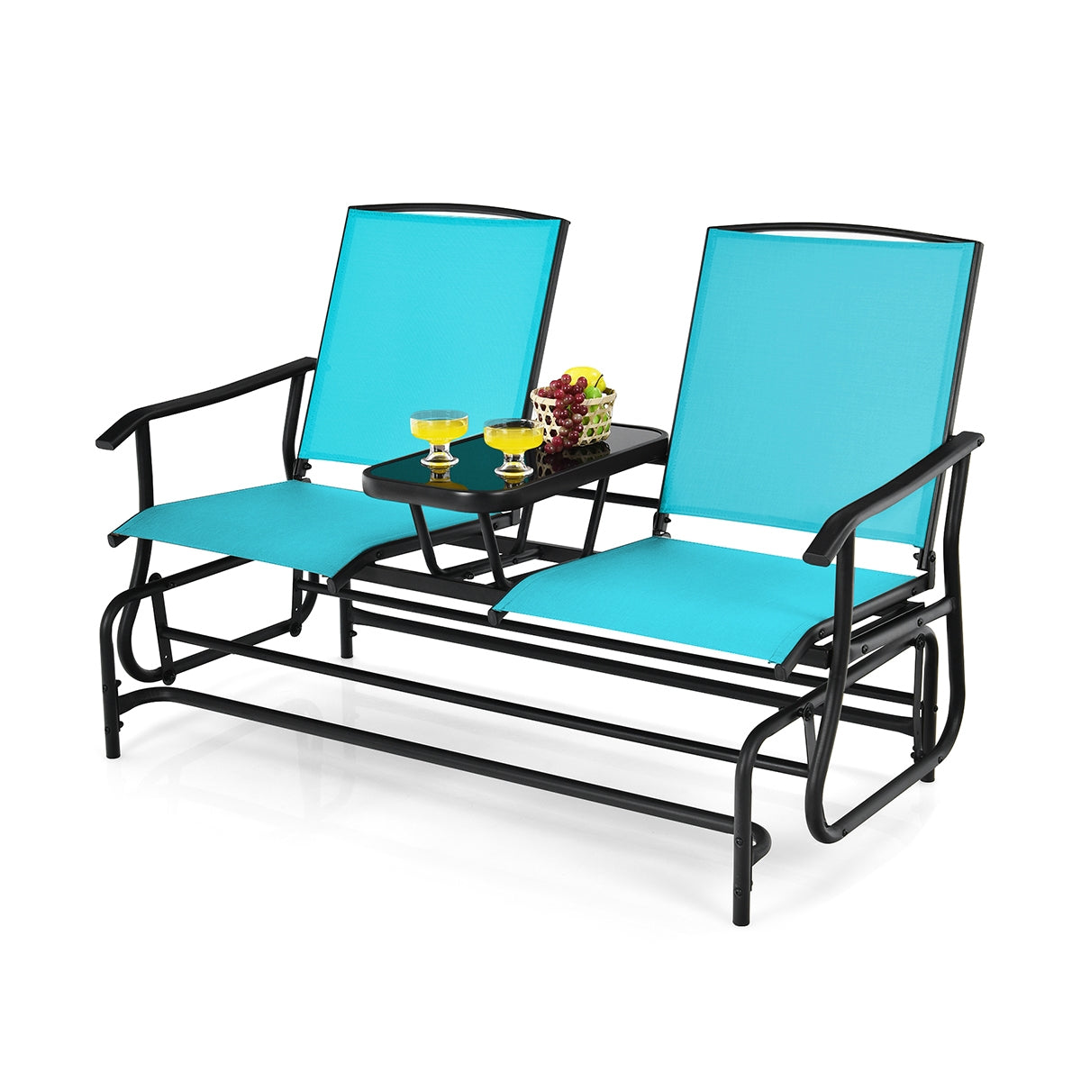 2-Person Rocking Loveseat with Mesh Fabric and Tempered Glass Table