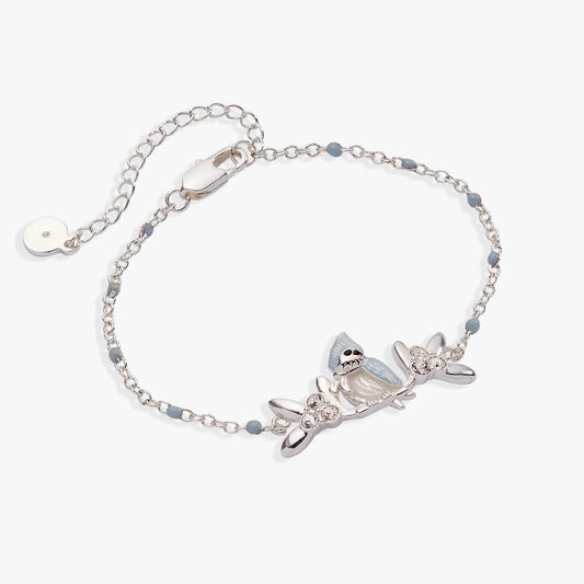 Tufted Titmouse Bird Bracelet by ALEX AND ANI, silver chain with pale blue beads and bird charm on Tampa Home & Garden Store