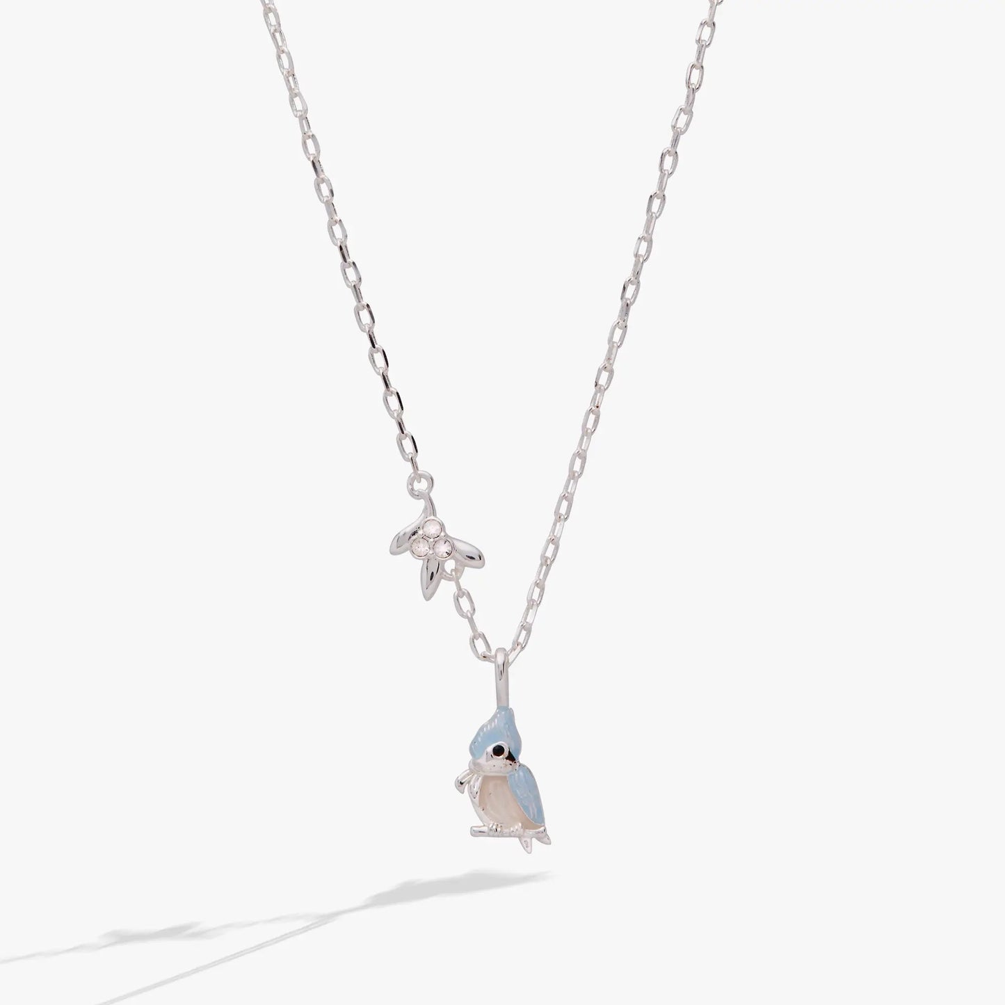 Tufted Titmouse Bird Pendant Necklace by ALEX AND ANI, silver chain with blue bird charm on Tampa Home & Garden Store