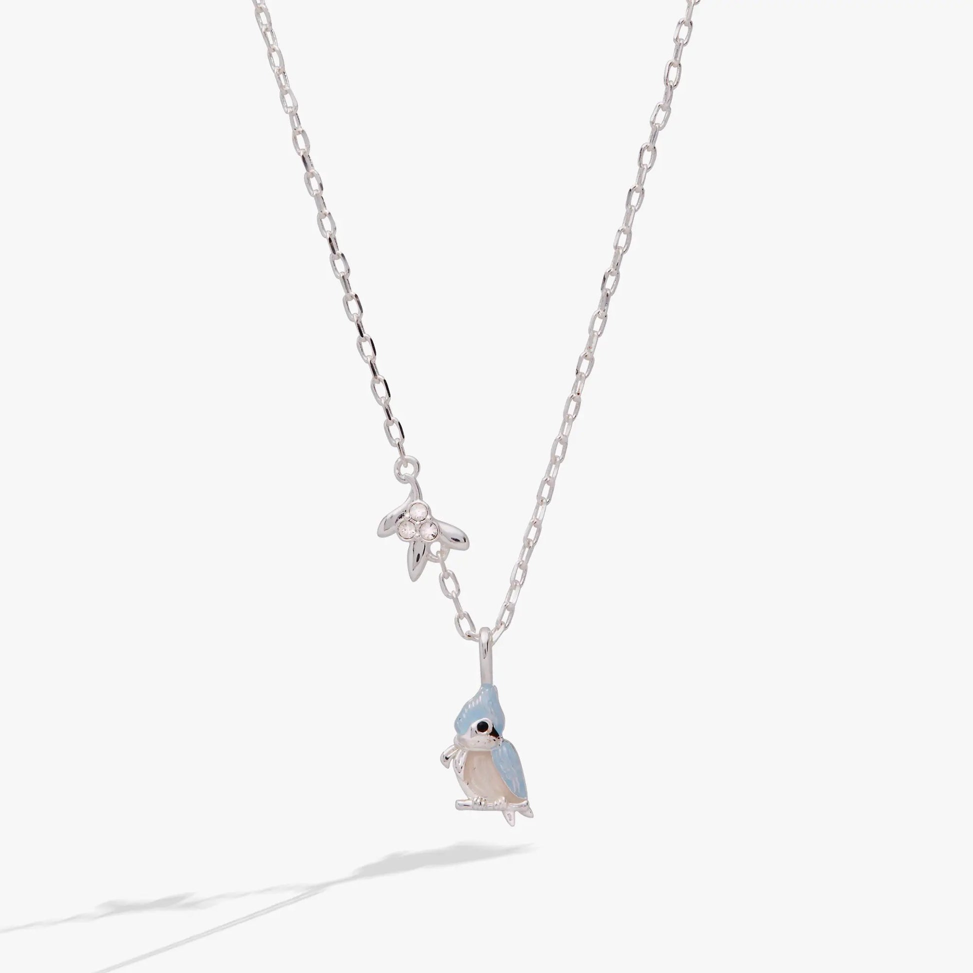 Tufted Titmouse Bird Pendant Necklace by ALEX AND ANI, silver chain with blue bird charm on Tampa Home & Garden Store