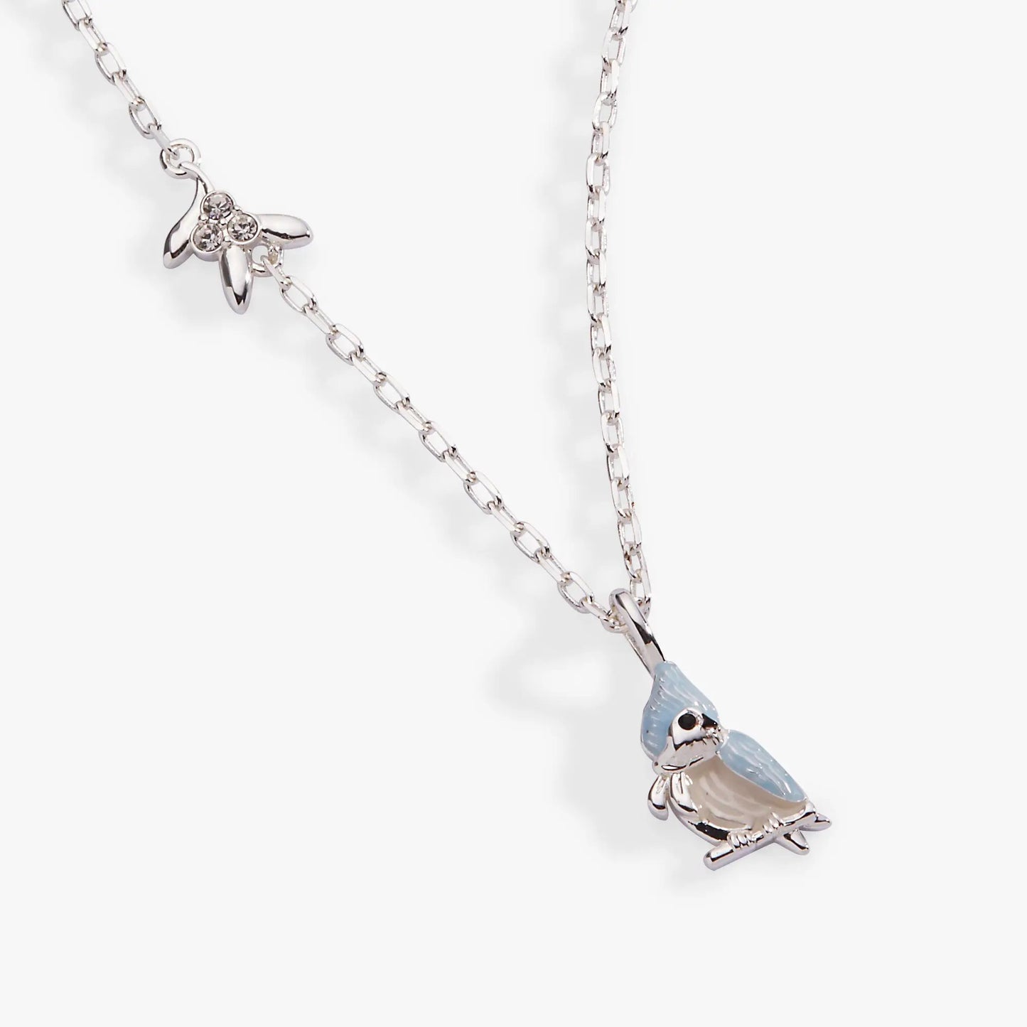 Tufted Titmouse Bird Pendant Necklace with blue beige enamel bird charm on silver chain on Tampa Home & Garden Store