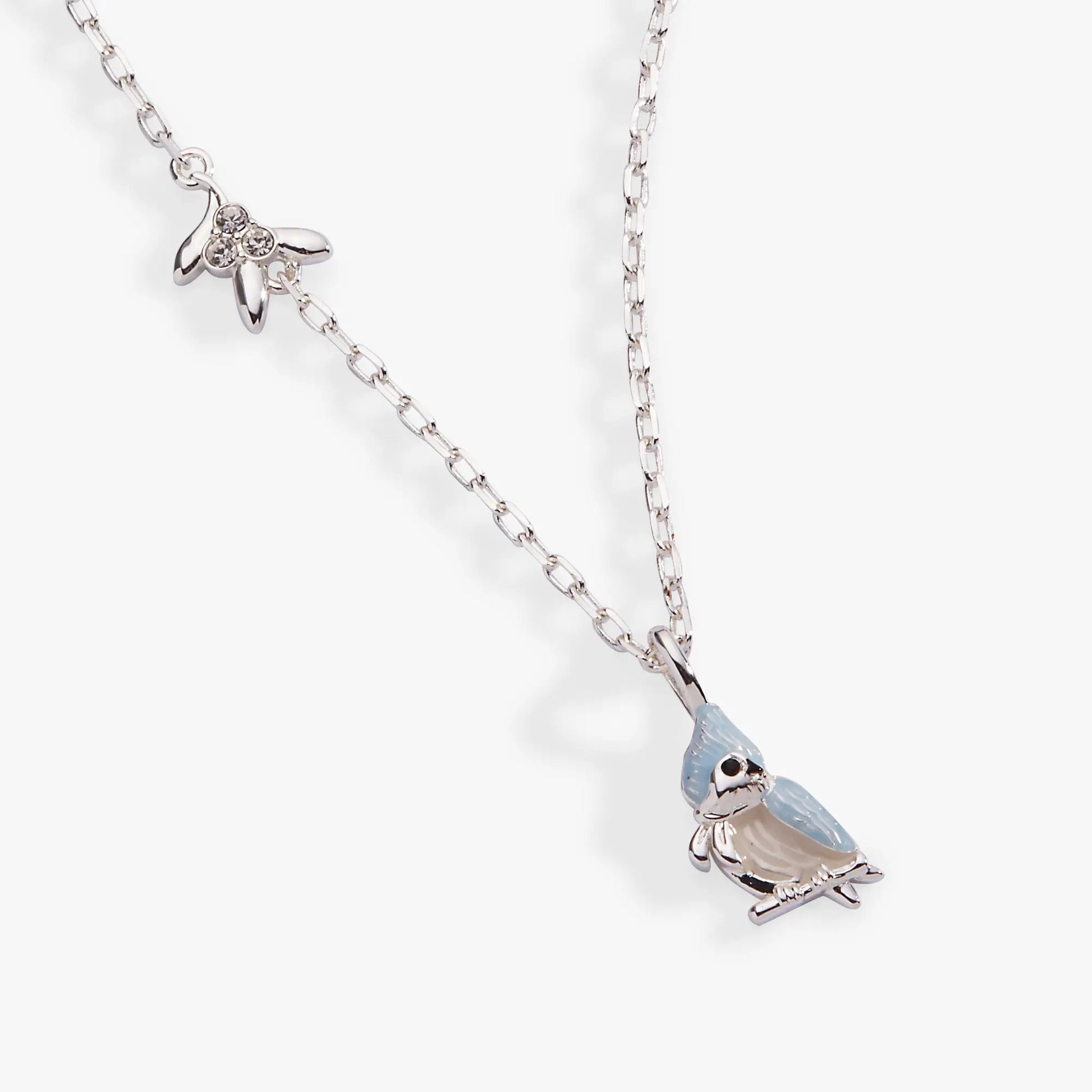 Tufted Titmouse Bird Pendant Necklace with blue beige enamel bird charm on silver chain on Tampa Home & Garden Store