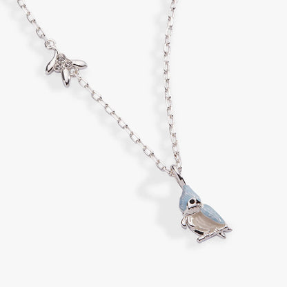 Tufted Titmouse Bird Pendant Necklace with blue beige enamel bird charm on silver chain on Tampa Home & Garden Store