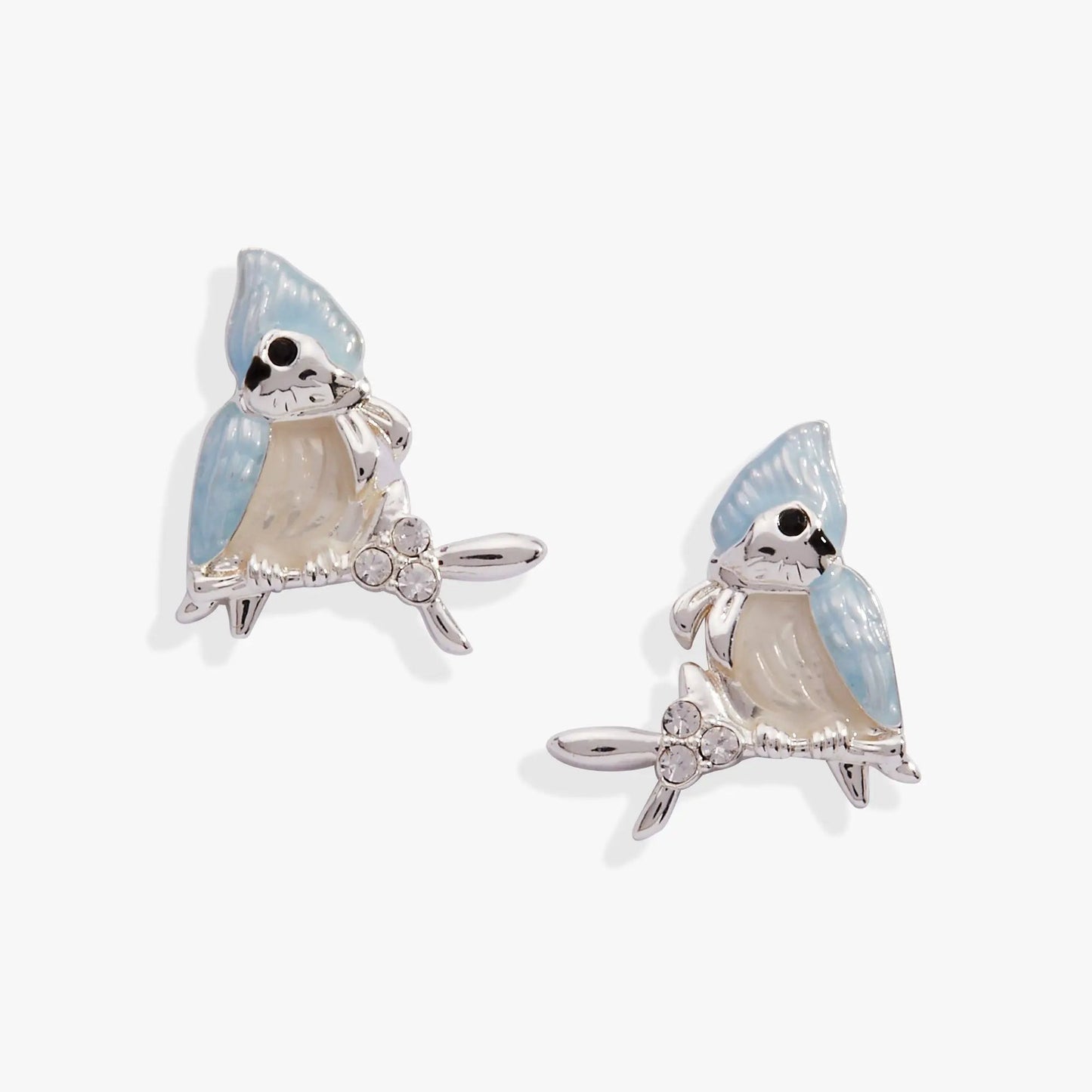 Tufted Titmouse Bird Stud Earrings pair by ALEX AND ANI, silvertone with blue enamel on Tampa Home & Garden Store