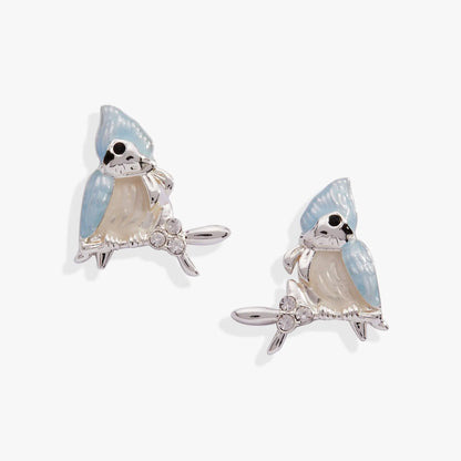 Tufted Titmouse Bird Stud Earrings pair by ALEX AND ANI, silvertone with blue enamel on Tampa Home & Garden Store
