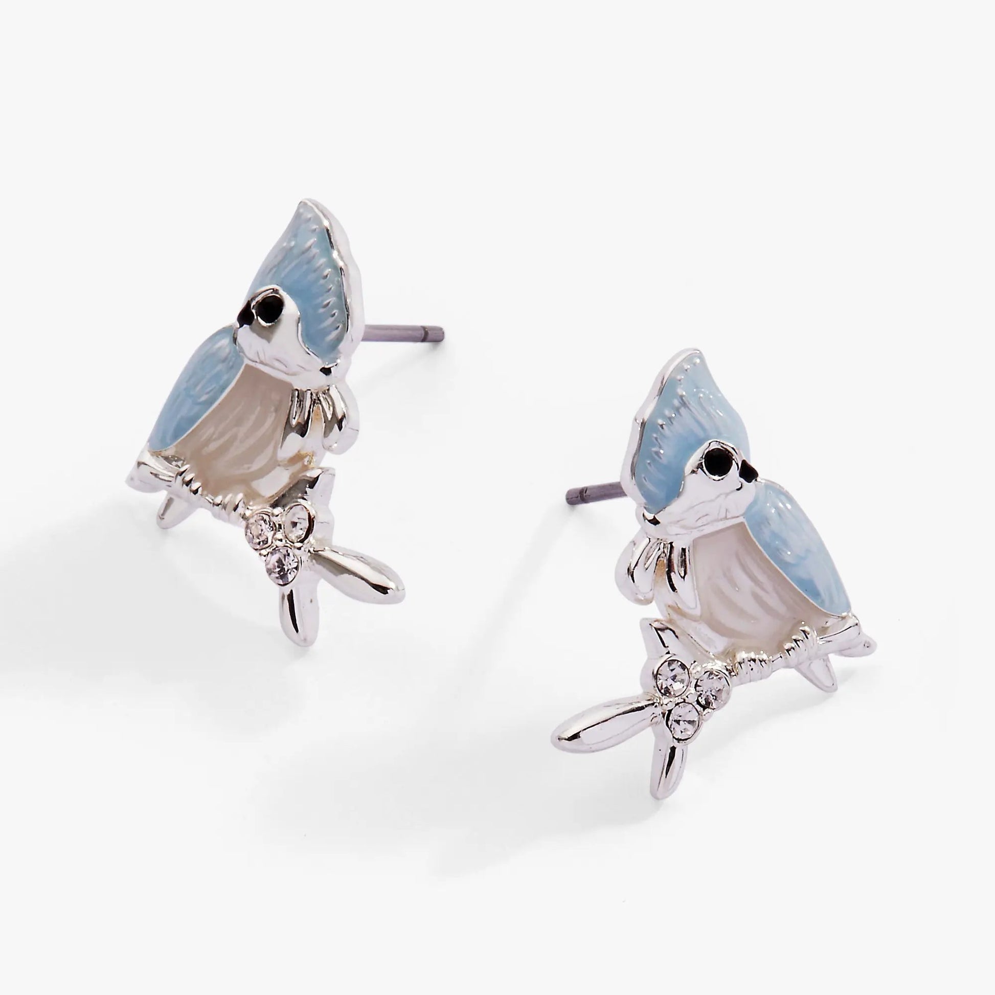 Tufted Titmouse bird stud earrings by ALEX AND ANI, blue wings, silver-tone finish, set of three on Tampa Home & Garden Store