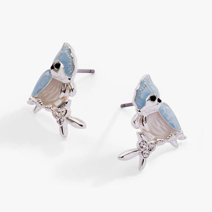 Tufted Titmouse bird stud earrings by ALEX AND ANI, blue wings, silver-tone finish, set of three on Tampa Home & Garden Store