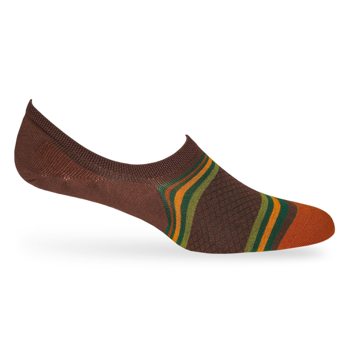 Turing No Show DeadSoxy brown footie sock with green striped cuff on Tampa Home & Garden Store