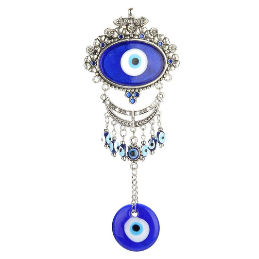 Turkish blue evil eye wall hanging ornament with cobalt glass eye and filigree Nazar beads on Tampa Home & Garden Store