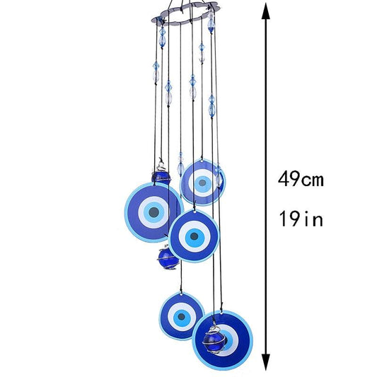 Turkish Evil Eye wind chimes by Stevvex with four blue circular discs and beads, decor 49 cm on Tampa Home & Garden Store