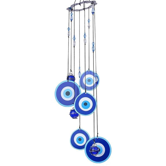 Turkish Evil Eye wind chimes with blue discs and hanging beads Stevvex STDEJAU625T on Tampa Home & Garden Store