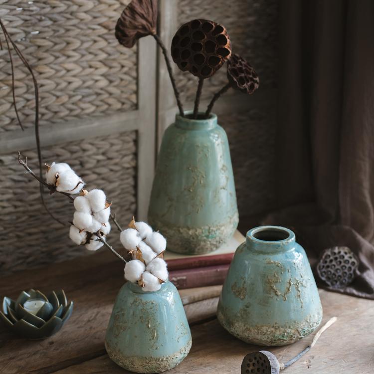 Turquoise ceramic vases set of three by RusticReach with distressed glaze on wood display on Tampa Home & Garden Store